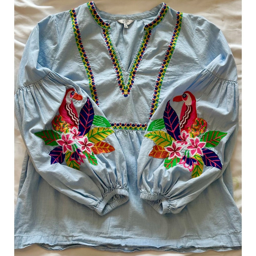 Crown & Ivy Womens Cotton Embroidered Toucan Tropical Boho Top Large/Whimsical
